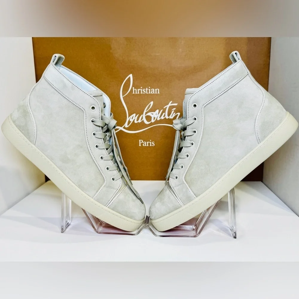 Christian Louboutin Louis Orlato Flat High-Top Sneakers Goose Grey Suede Size 44